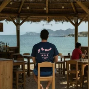 Camiseta azul marino Islas Cíes en color rosa